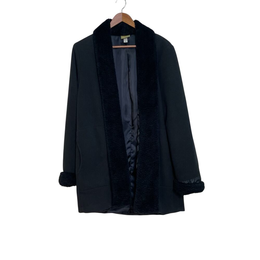 Maralyce Ferree Sz M Black Fleece Open Front Fuzzy Collar Mid-Length Coat Jacket